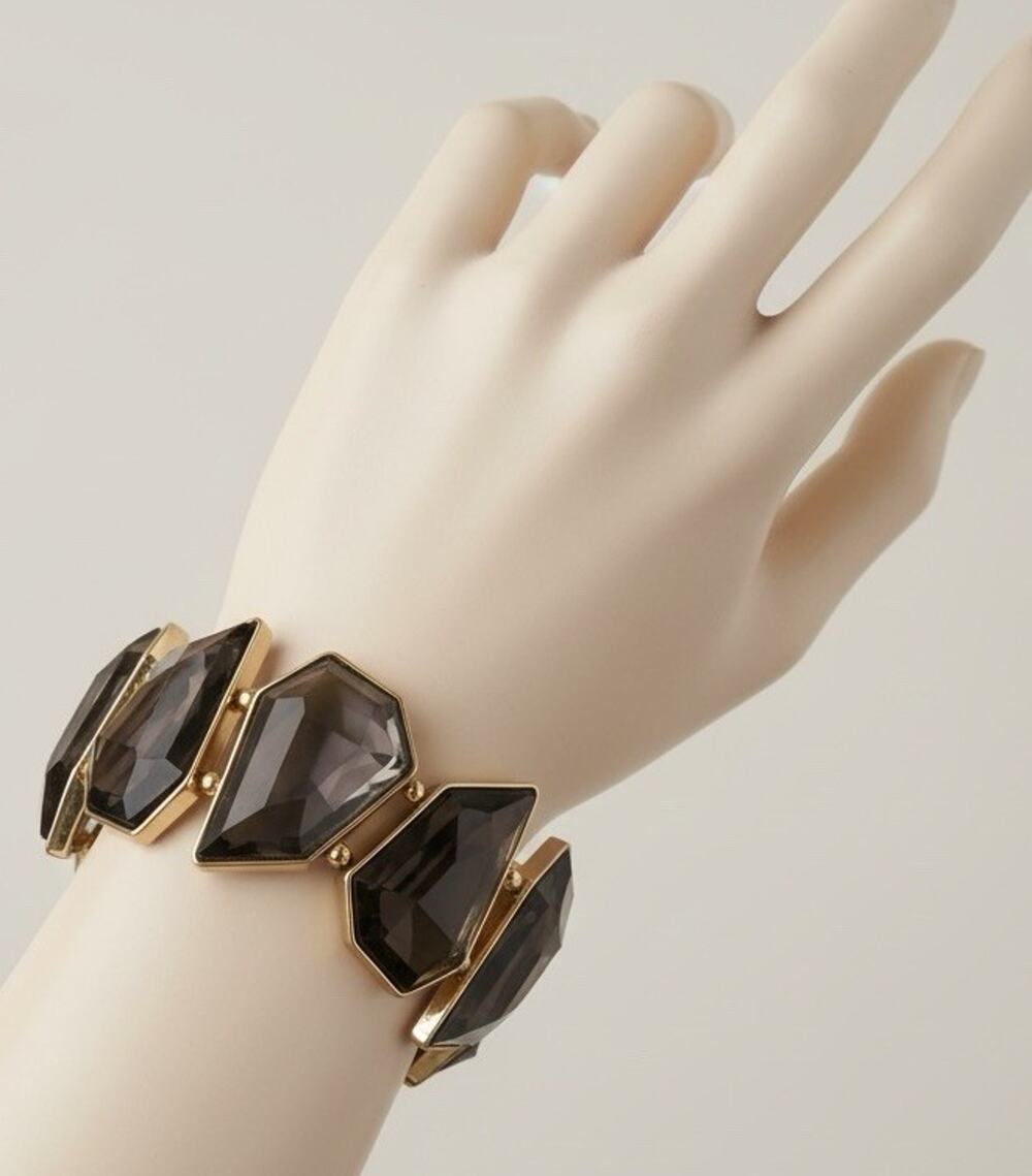 Wide Smoky Gray Crystal Stretch Bracelet Gold Tone Geometric Glam Statement